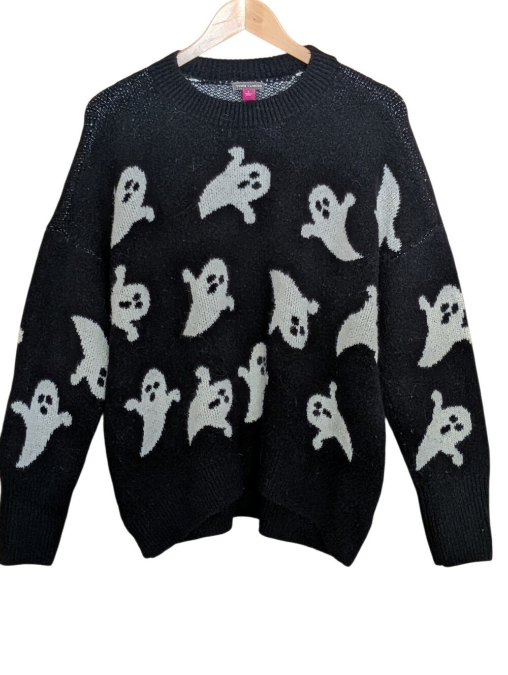 Vince Camuto Black Sweater with White Ghost Motif Large Spooky Halloween
